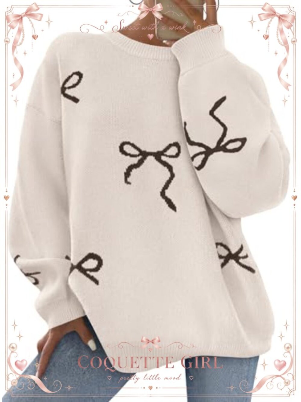 Oversized Chunky Knit Pullover Sweater with Bow Print and Batwing Sleeves